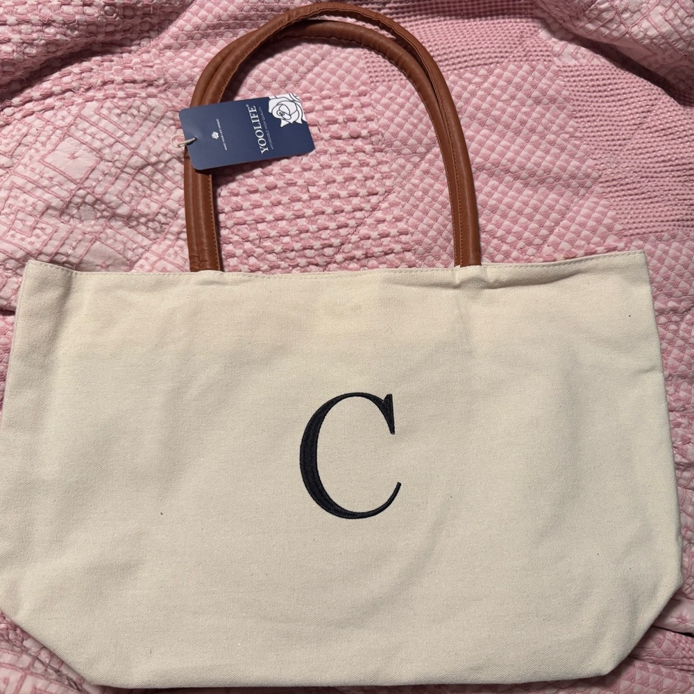 Cream Canvas Tote with Brown Leather Handles and Black Initial C